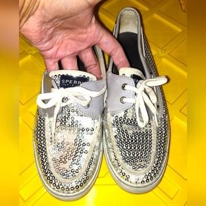 Reel legends Top-Sider Women's Boat Shoes Silver Fabric Lace Up Sequins 10M